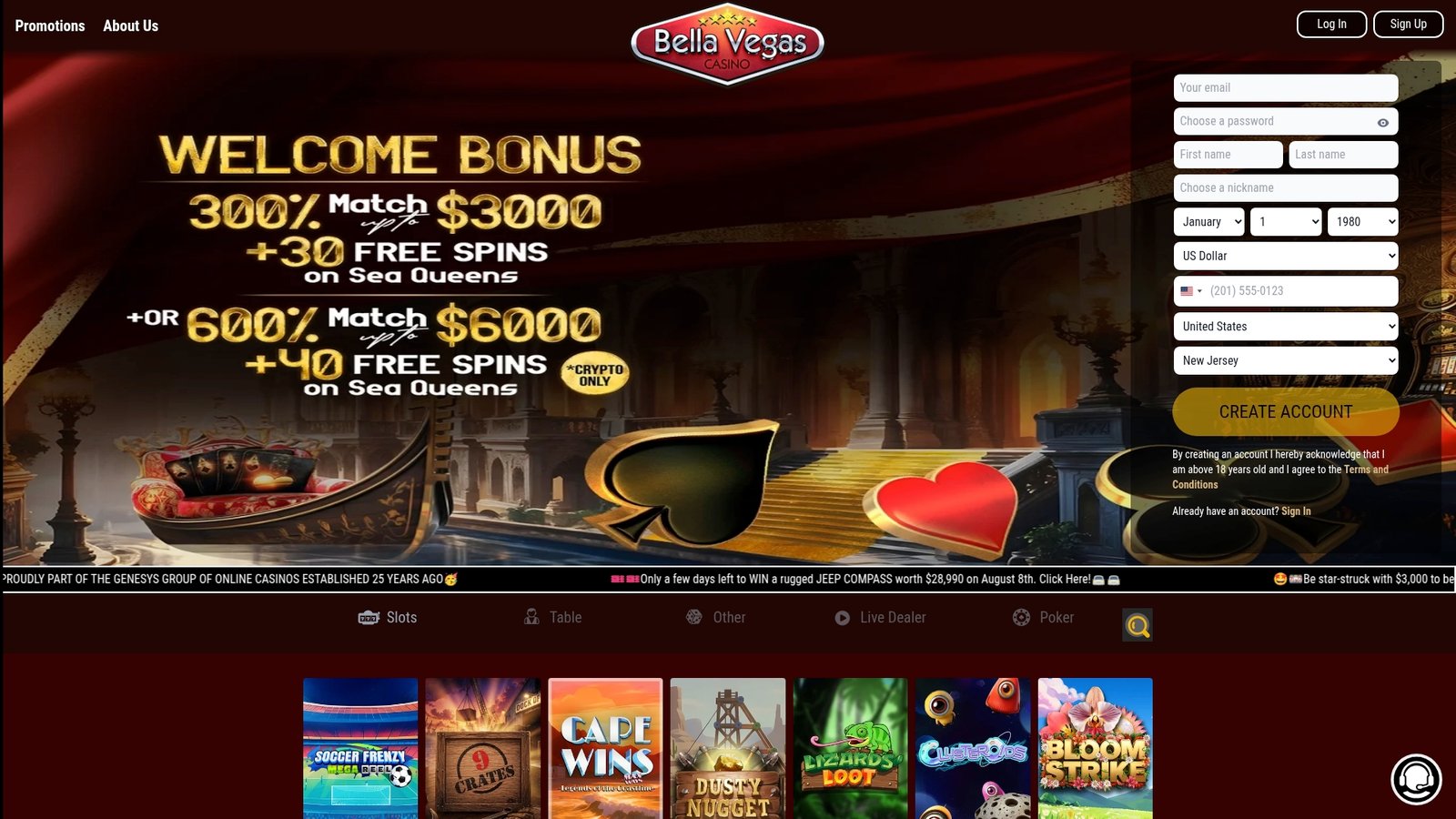 Official lobby screenshot of Bella Vegas Casino