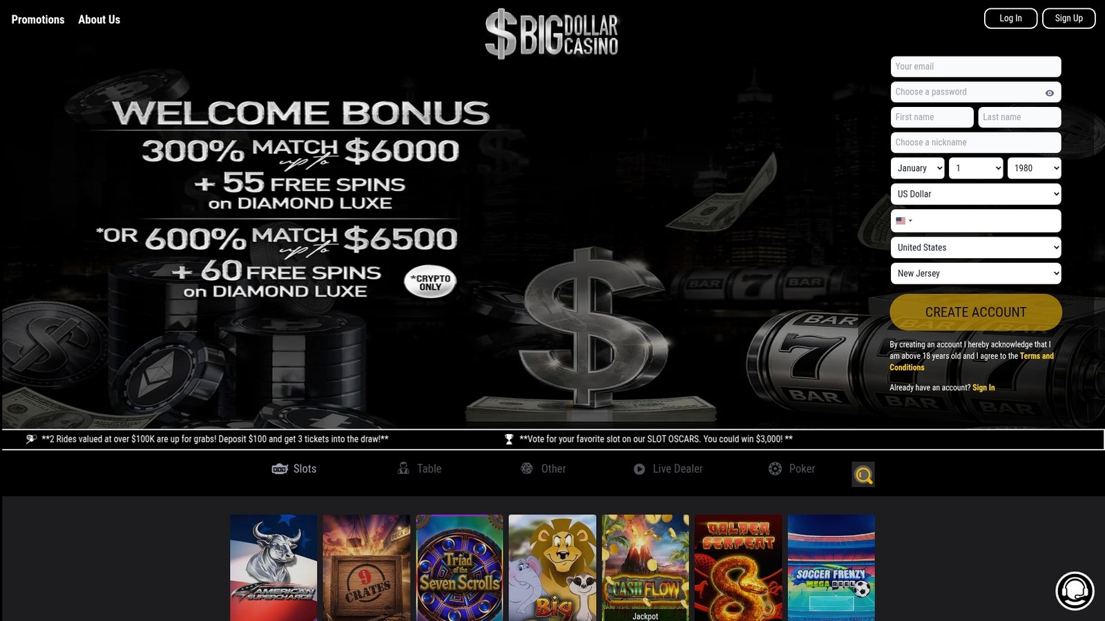 Official Big Dollar Casino lobby screenshot