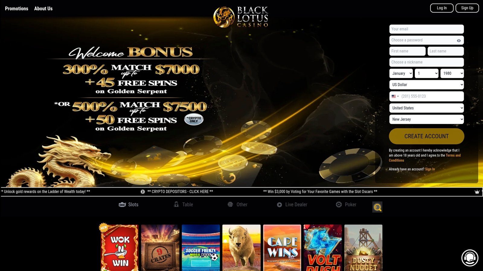 Official Black Lotus Casino lobby screenshot