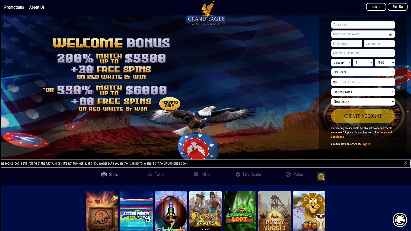 Official Grand Eagle Casino lobby screenshot