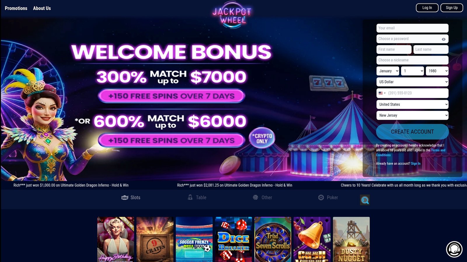 Official Jackpot Wheel Casino lobby screenshot