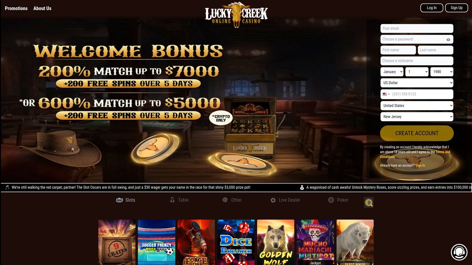 Official lobby screenshot of Lucky Creek Casino