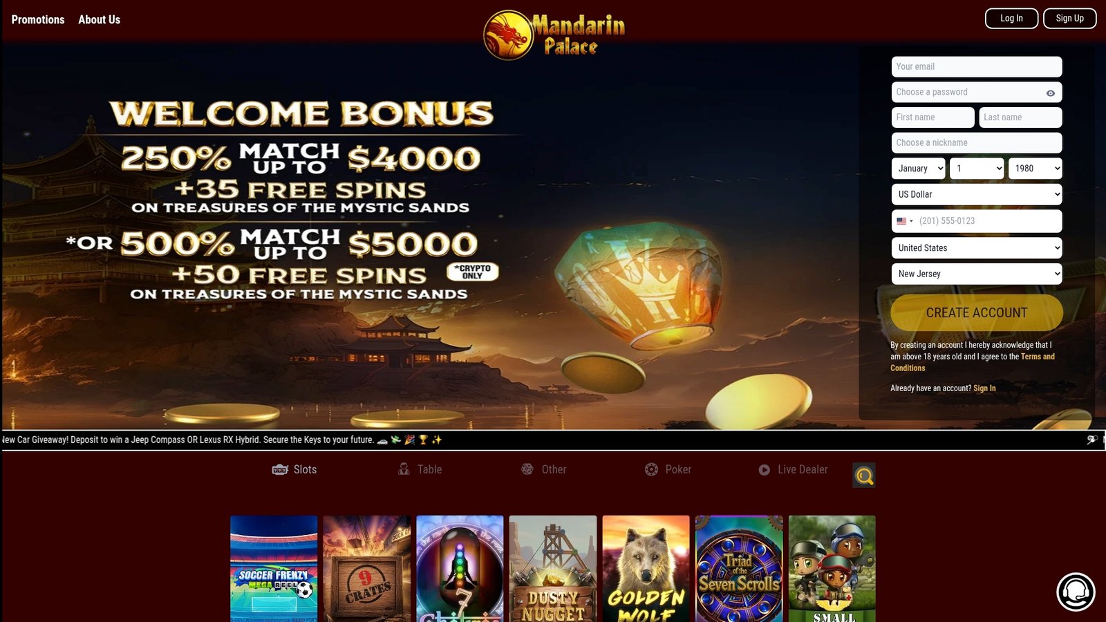 Official Mandarin Palace Casino lobby screenshot