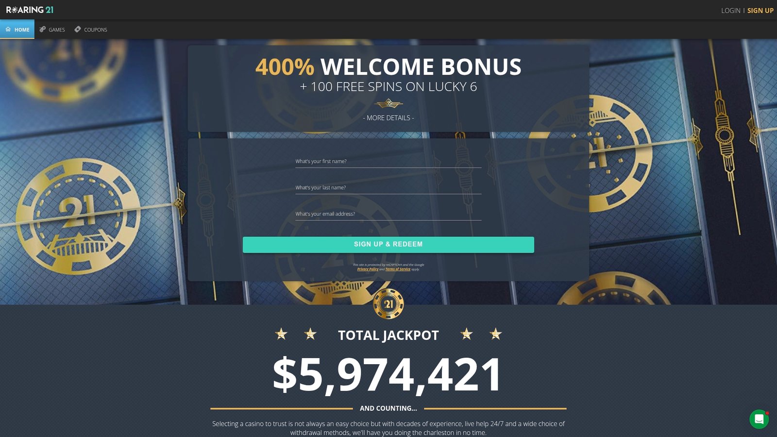 Official Roaring 21 Casino lobby screenshot