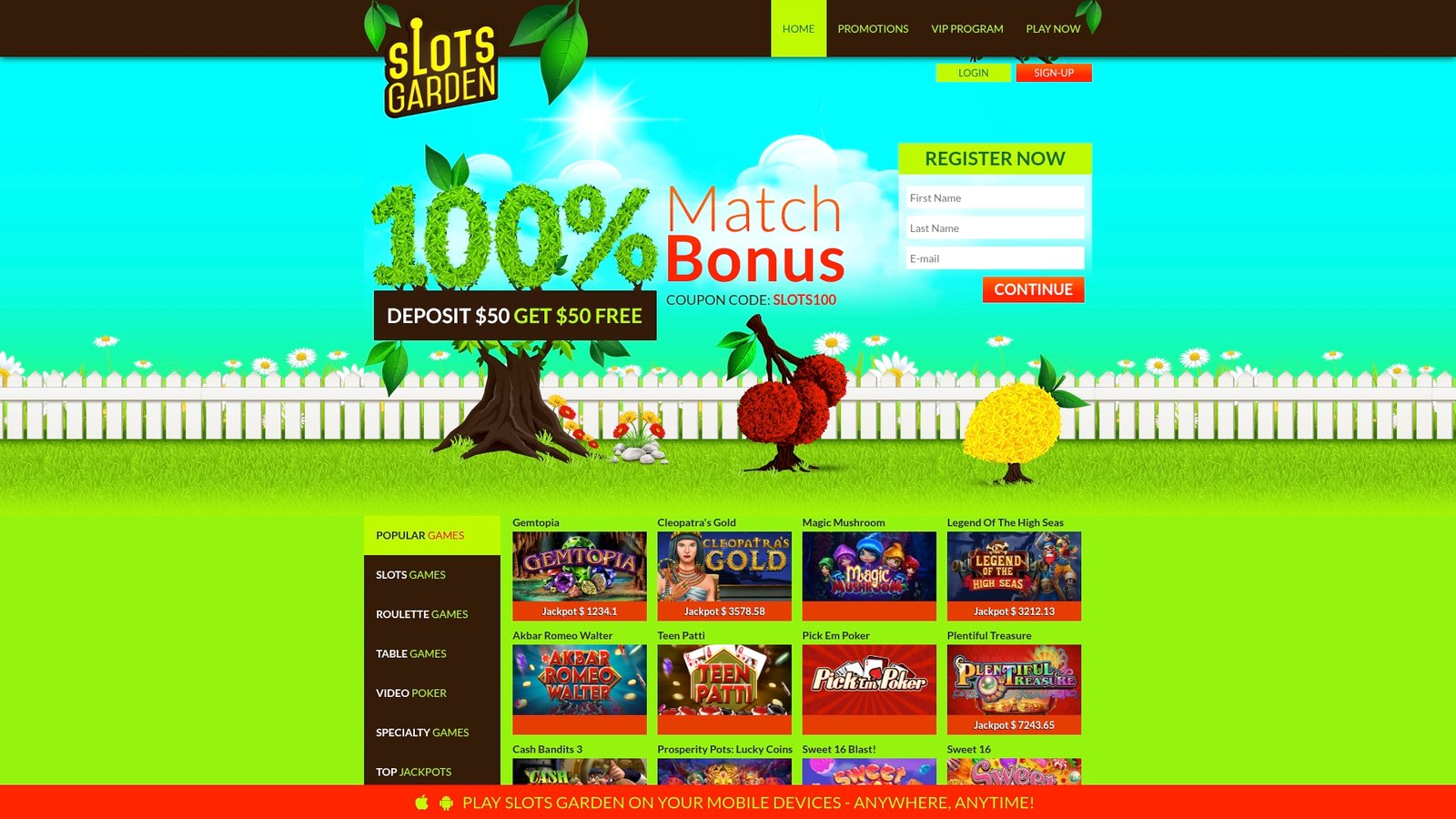 Official Slots Garden Casino lobby screenshot