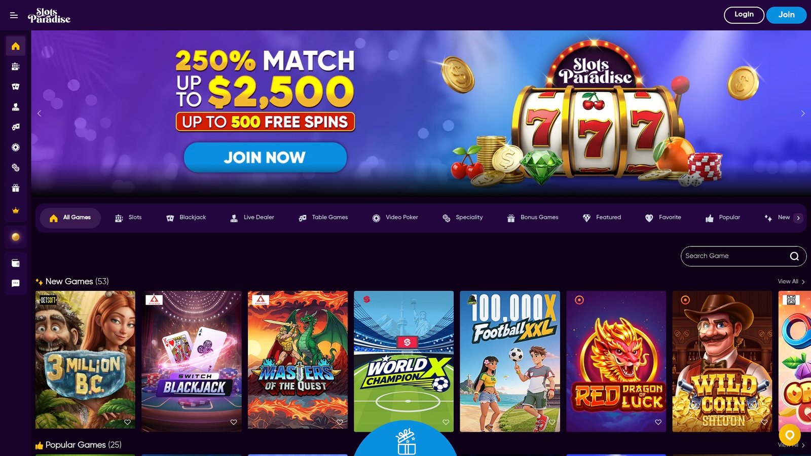 Official Slots Paradise Casino lobby screenshot