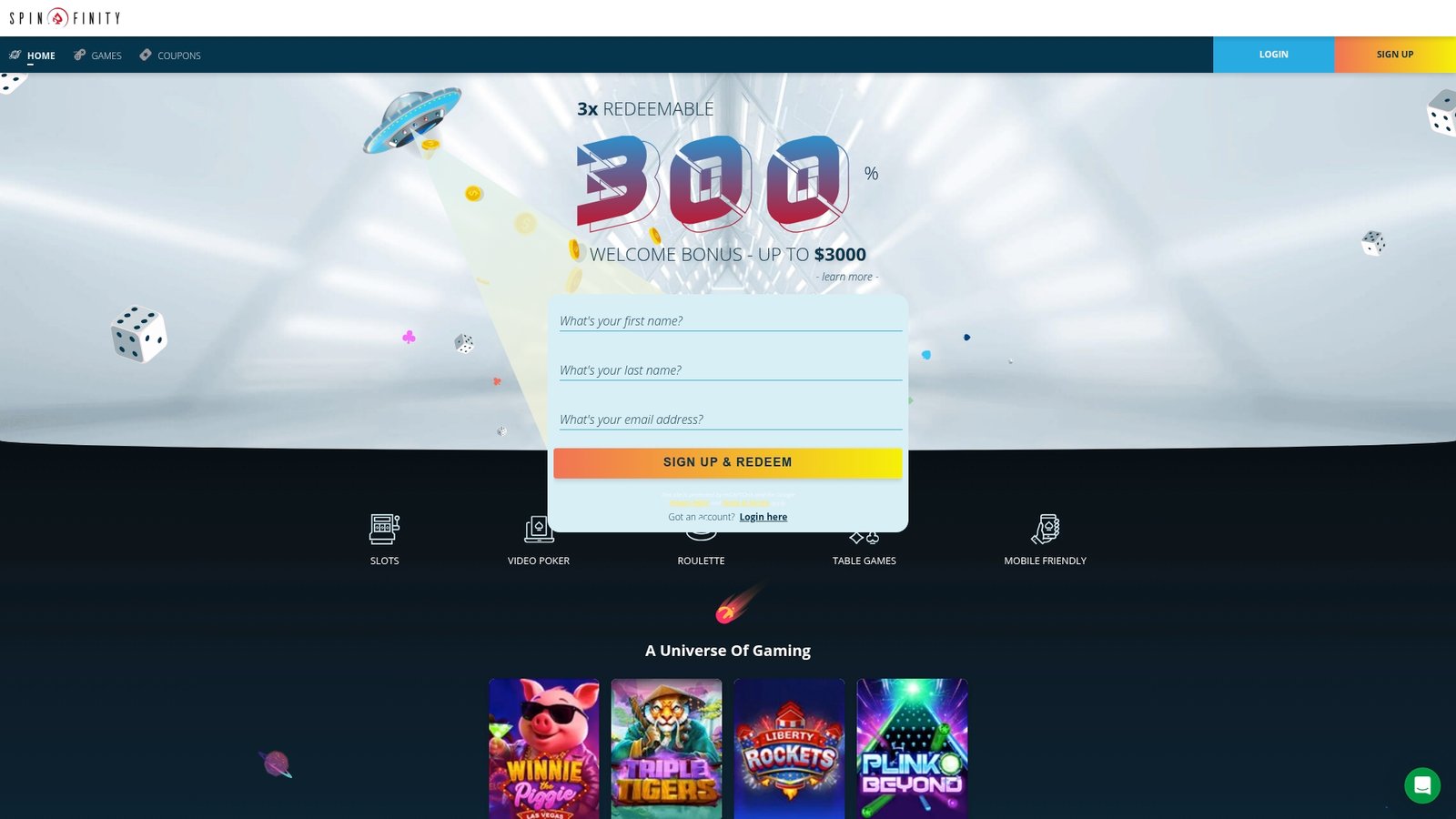 Official Spinfinity Casino lobby screenshot