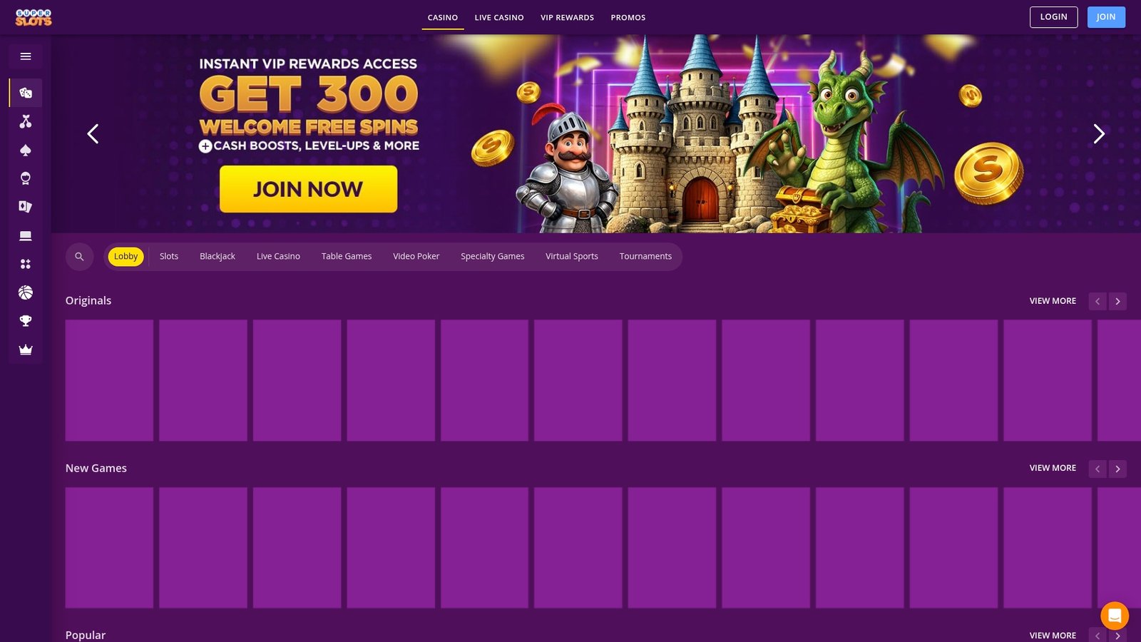 Official Super Slots Casino lobby screenshot