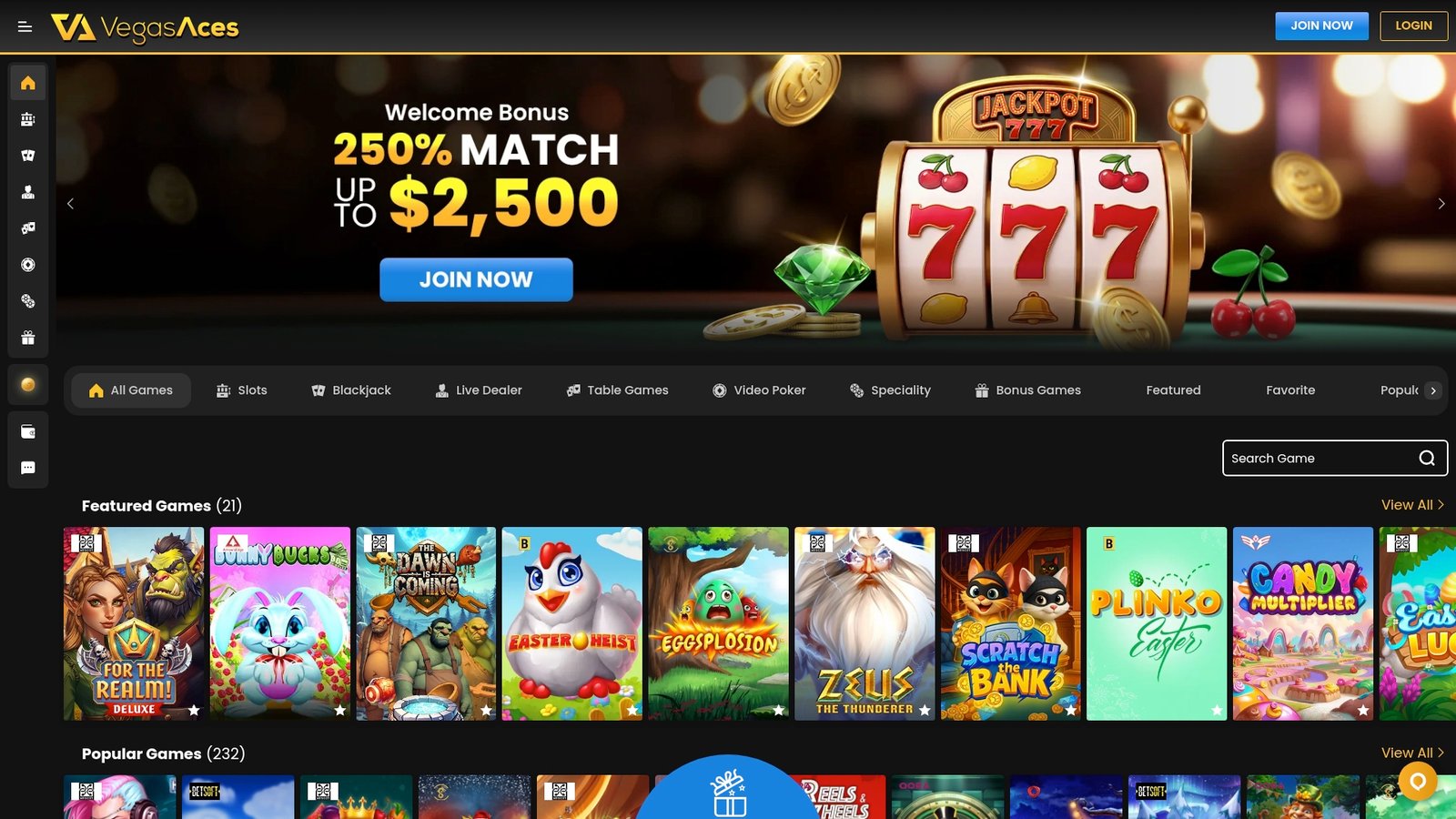Official Vegas Aces Casino lobby screenshot